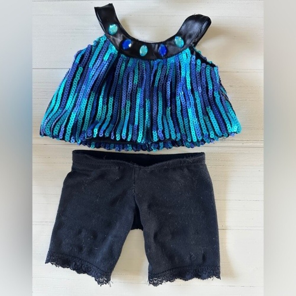 Build a Bear Royal Blue Aqua Sequin Top and Black Bottoms